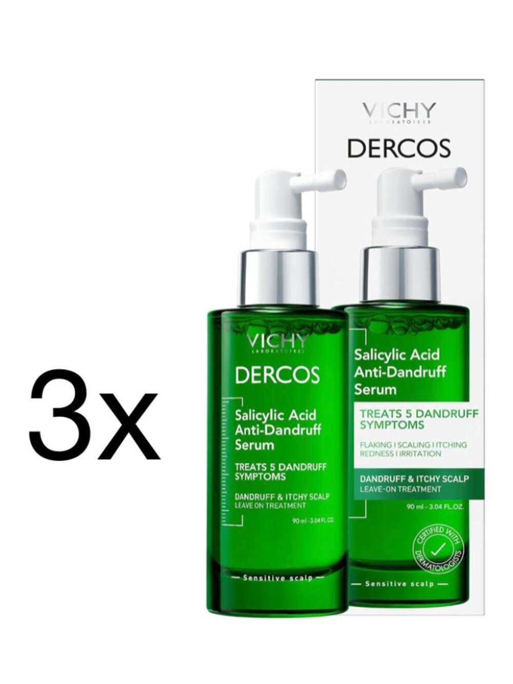 3x NEW Vichy Dercos Salicylic Acid Anti-Dandruff Scalp Treatment Serum 3 Fl. Oz.